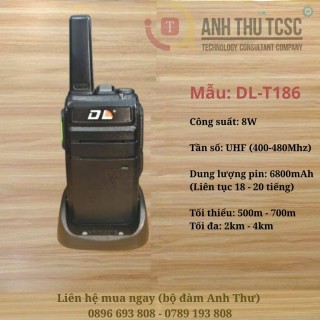 Bộ đàm DL T-186 công suất 8W mạnh mẽ, pin siêu trâu 6800mAh dùng cả ngày dài. Liên lạc ổn định 500m-4km, phù hợp cho nhà hàng, khách sạn, công trình, kho bãi. Giải pháp liên lạc đáng tin cậy, giao hàng toàn quốc. thumb