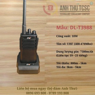 Bộ đàm DL T-3988 công suất mạnh 18W, pin khủng 8500mAh dùng liên tục 10-12 giờ. Liên lạc ổn định 800m-5km, phù hợp nhà hàng, khách sạn, công trình, kho bãi. Giải pháp liên lạc mạnh mẽ, giao hàng toàn quốc. thumb